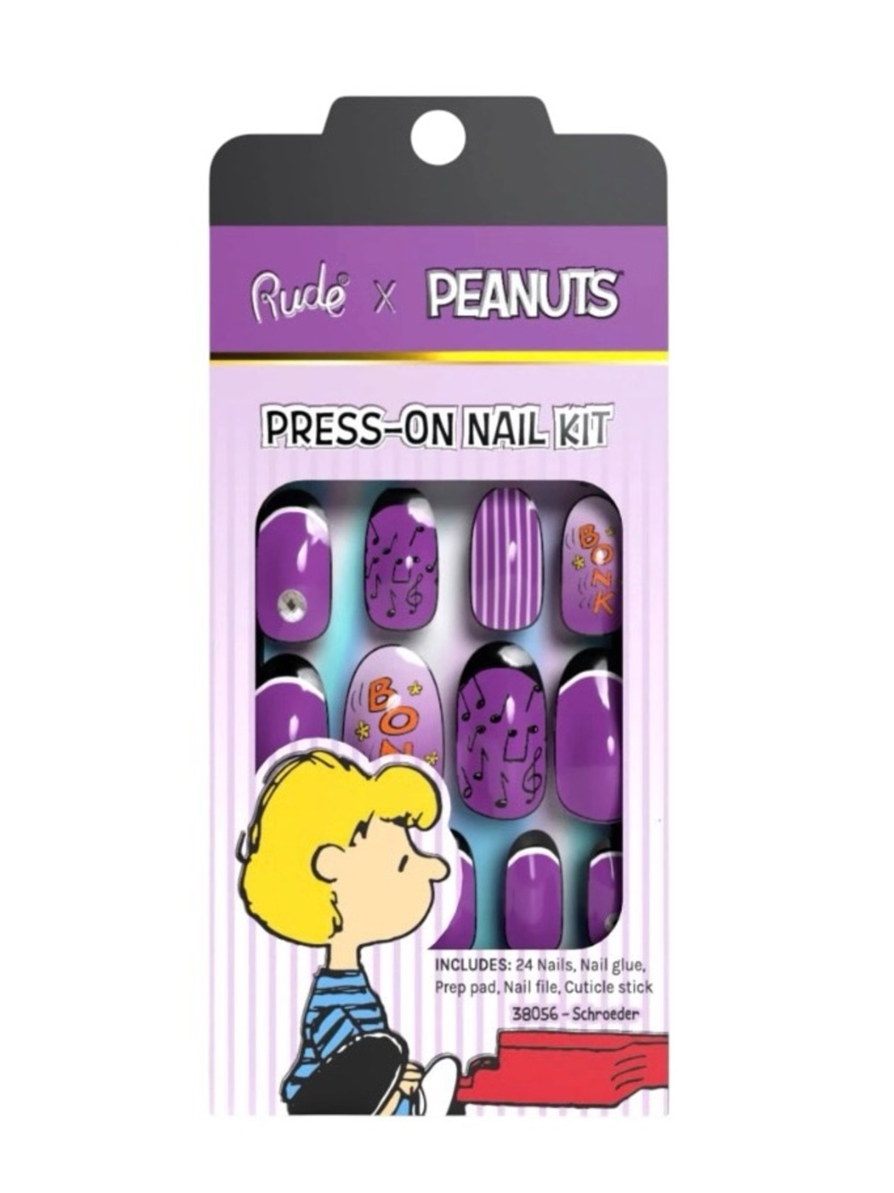 Rude x Peanuts Dark Purple Black Music Note Piano 24 Piece Press-On Nail Set